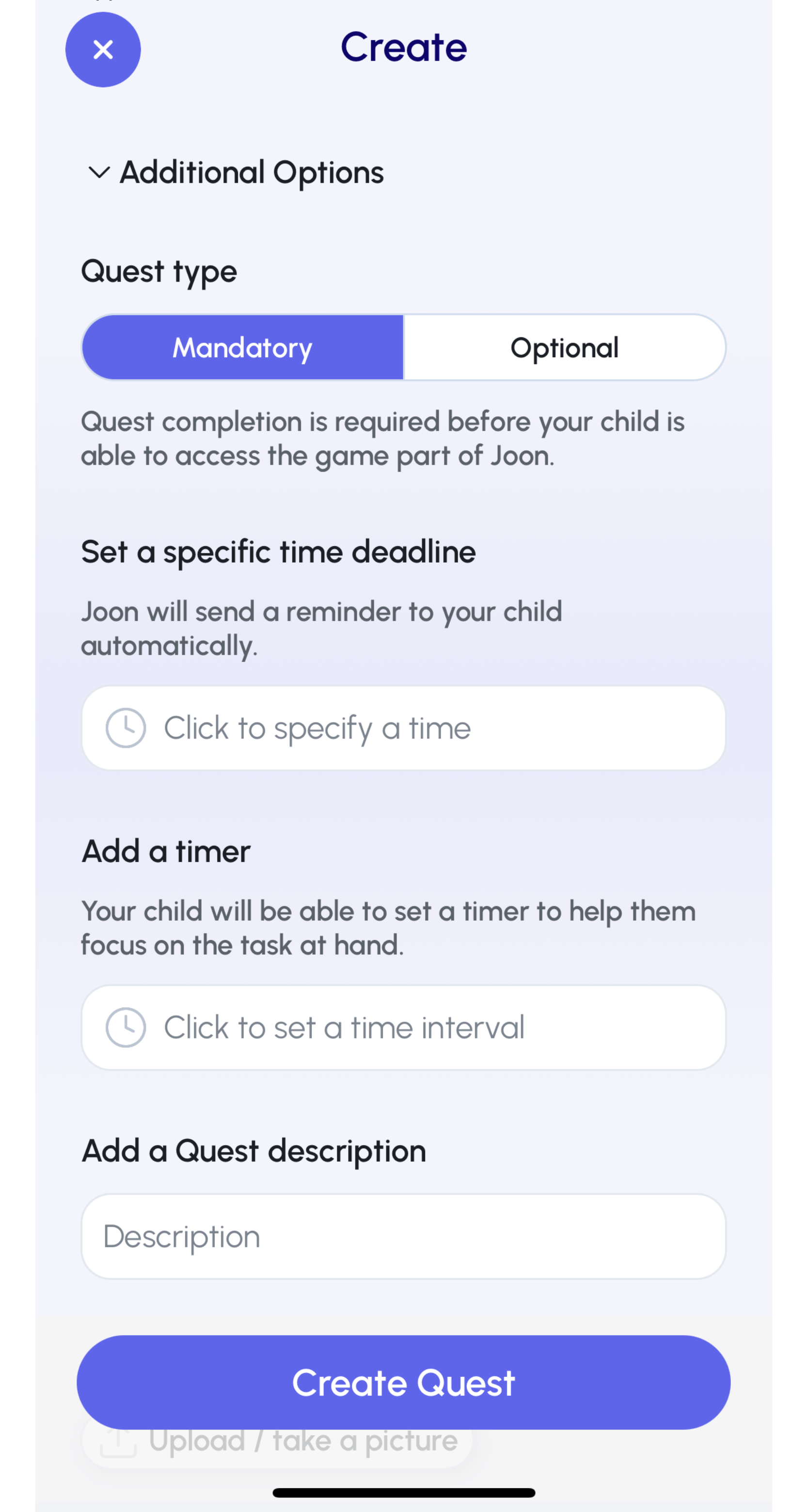 Screenshot of quest creation options in the Joon app
