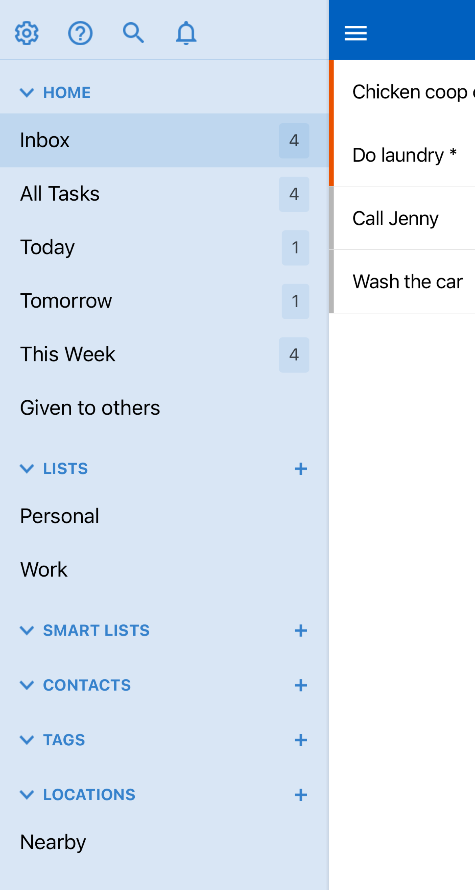 Screenshot of the inboxes and lists in the Remember the Milk app