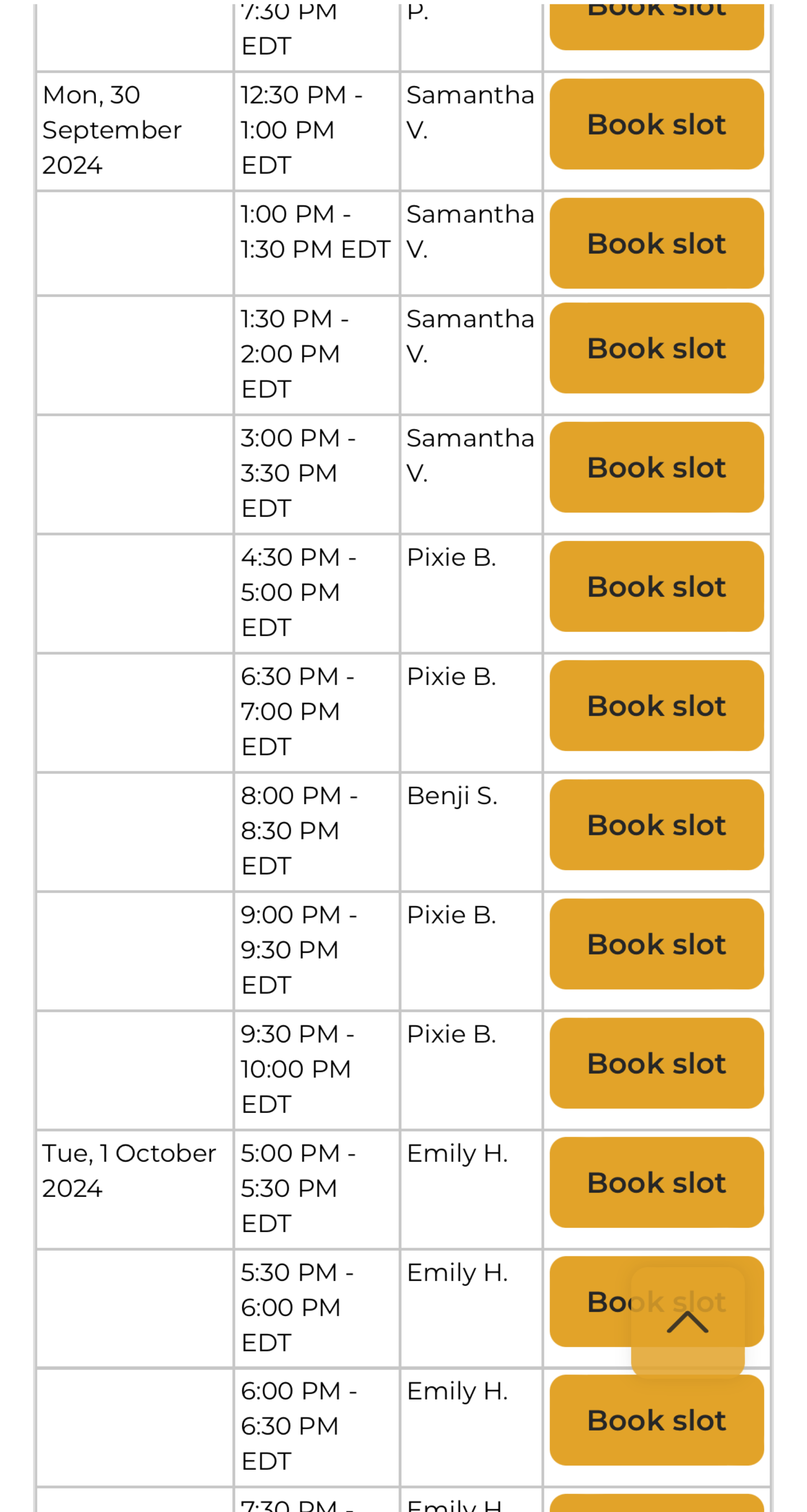 Screenshot of the coach scheduling page in the Our Relationship app