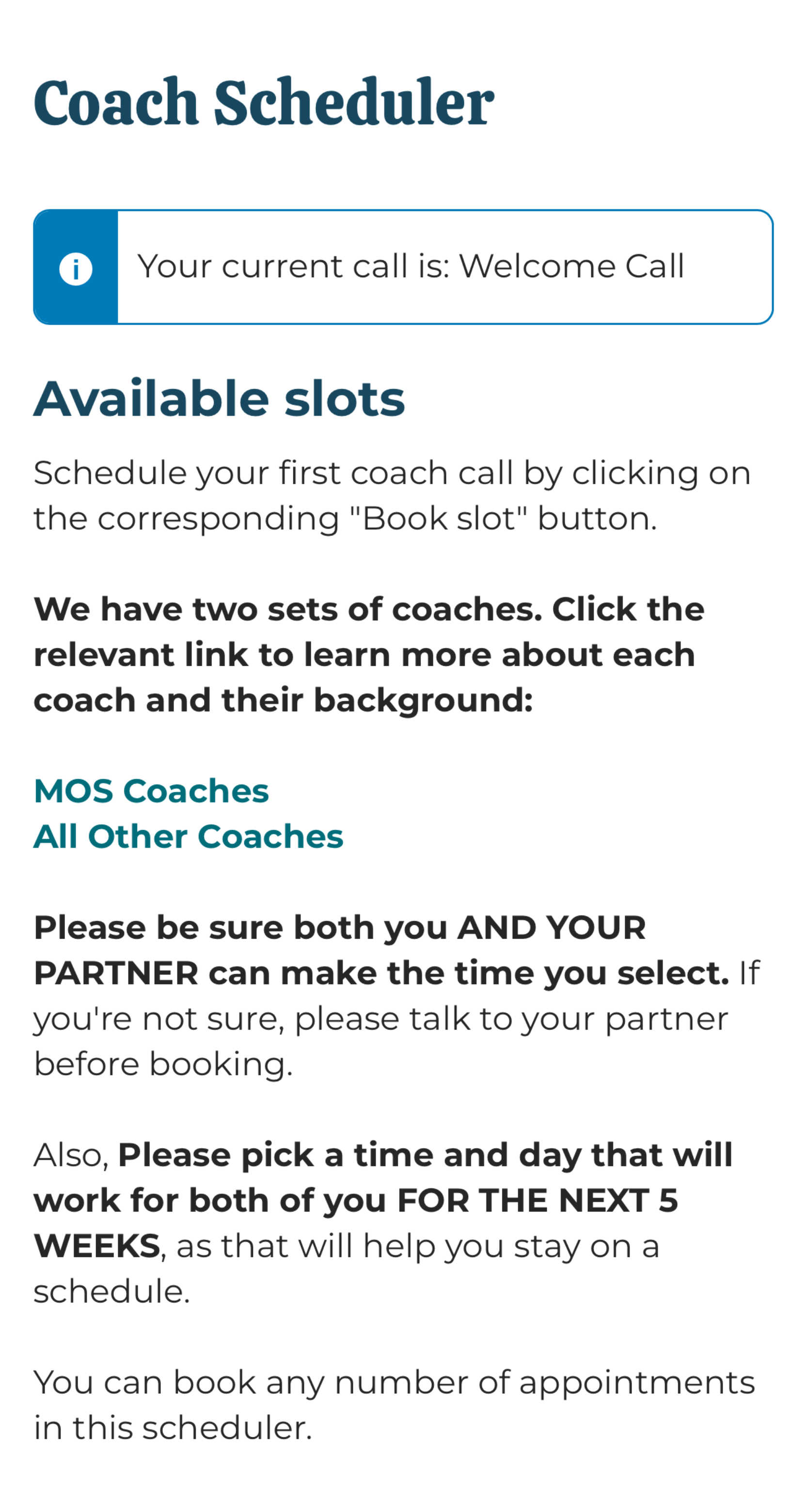 Screenshot of the coach scheduler welcome call