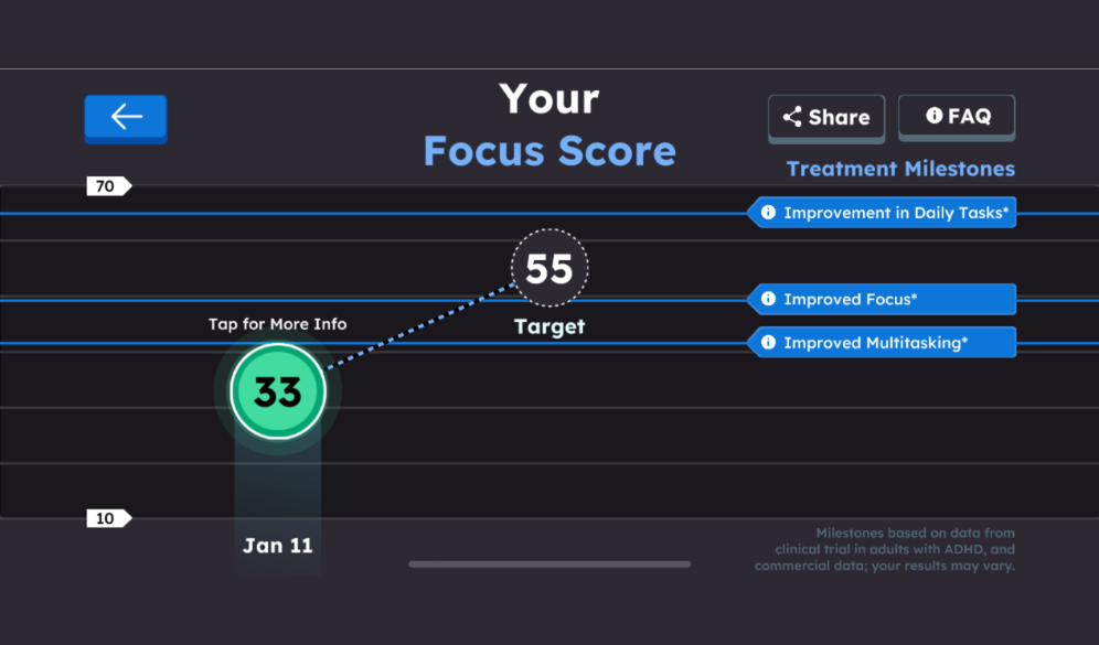 Screenshot of Focus Score and progress within the EndeavorOTC app