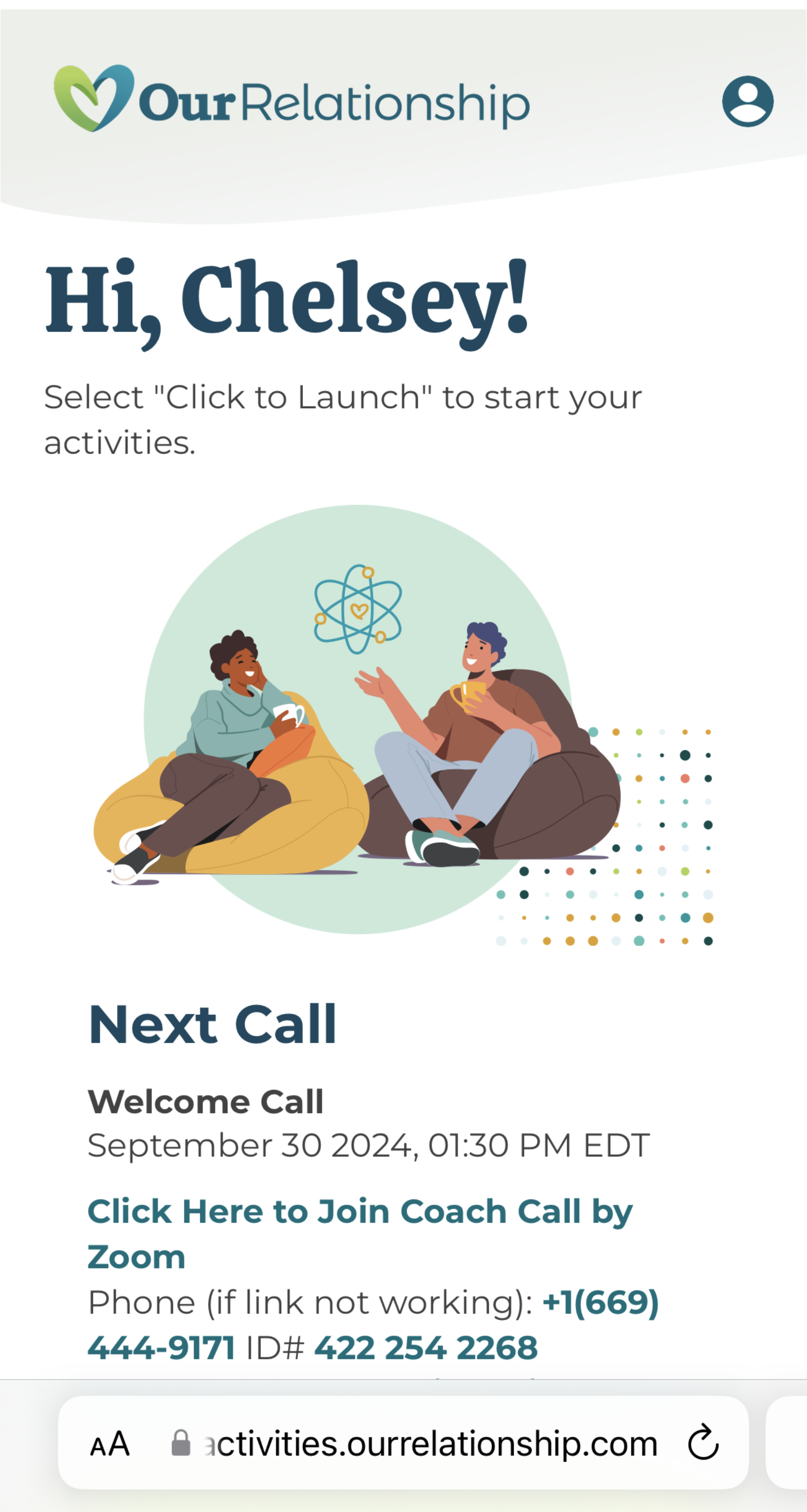 Screenshot of the reminder for the welcome call in the Our Relationship app