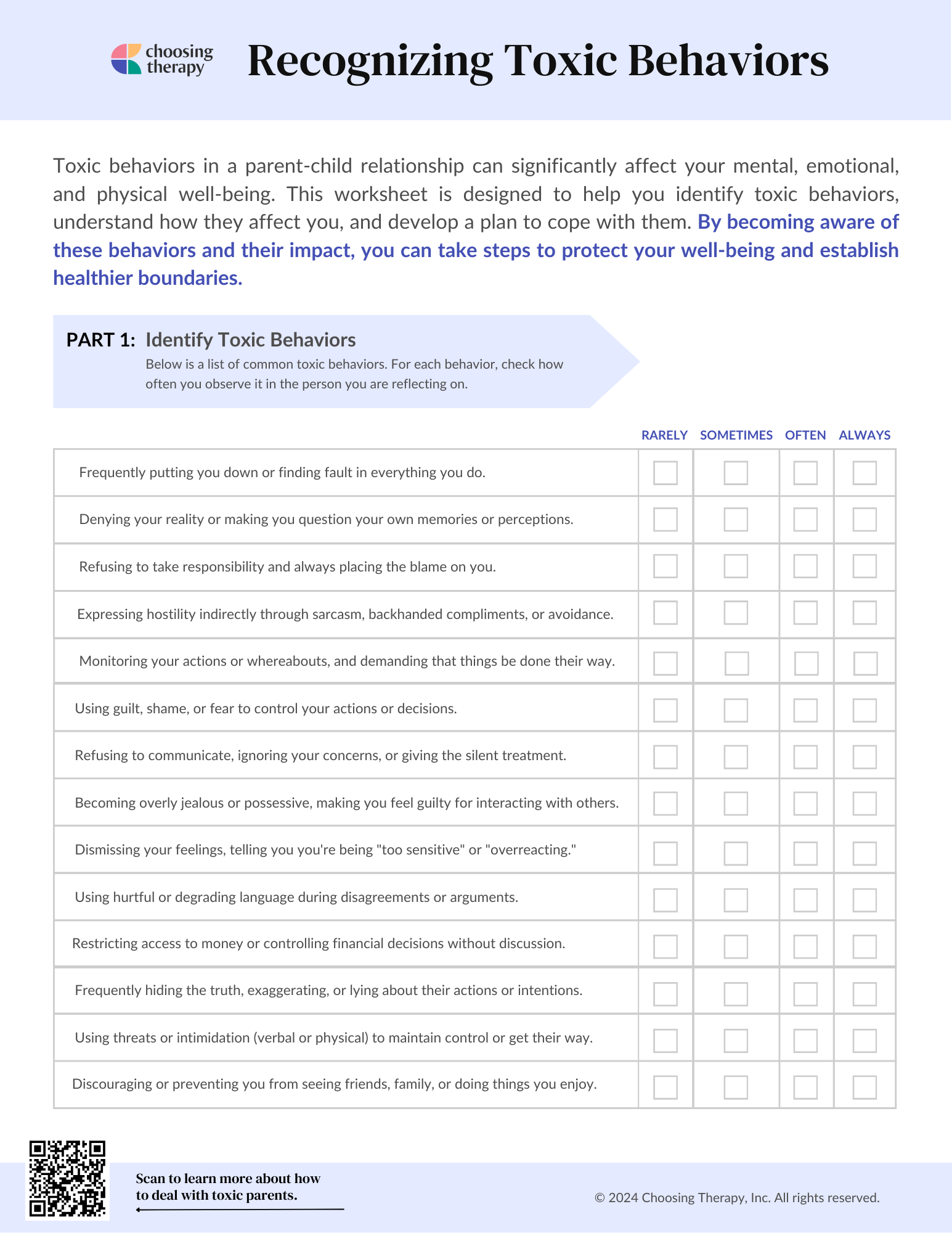 Recognizing Toxic Behavior - Unhealthy Parent Workbook