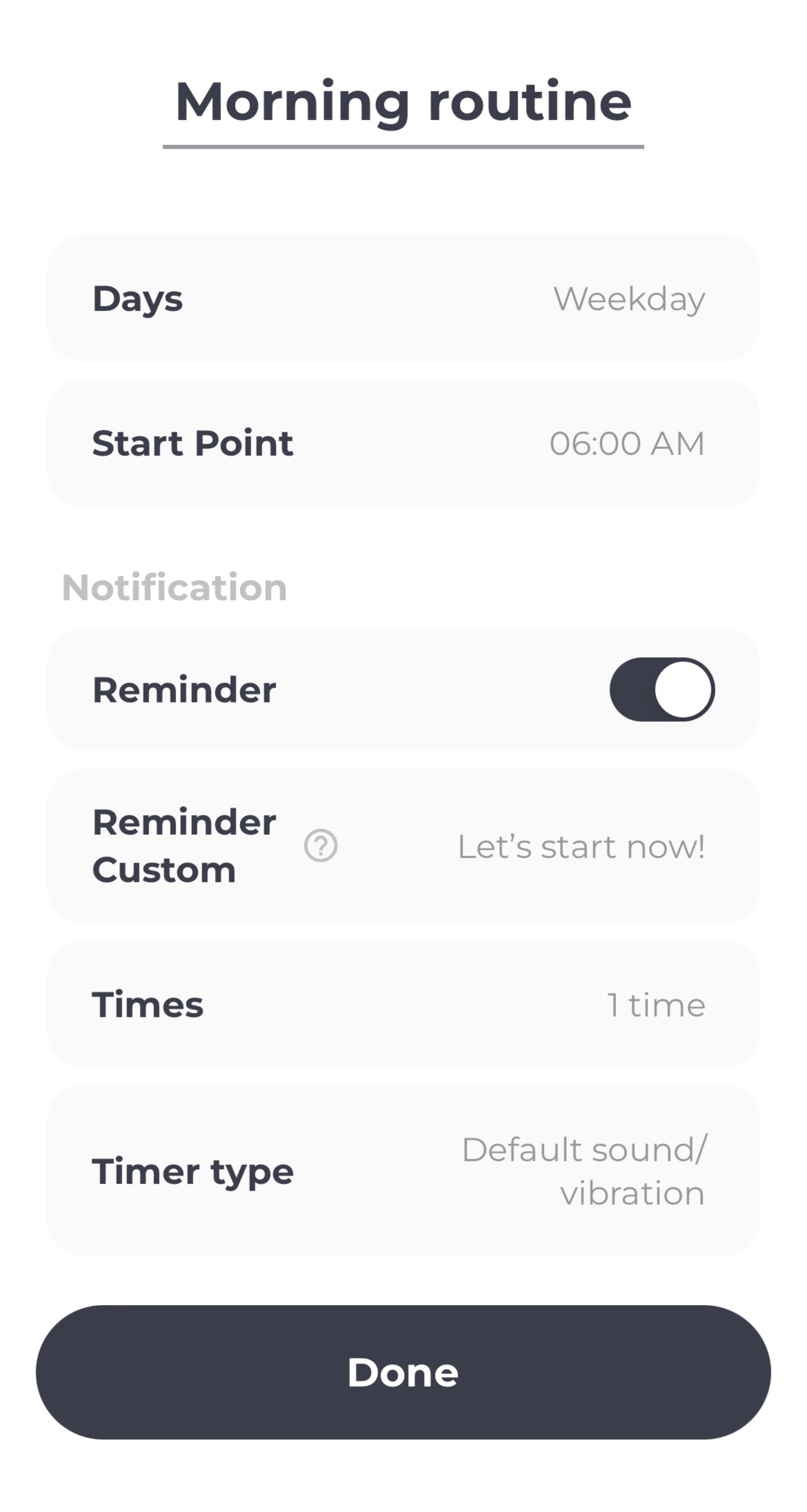 Screenshot of a routine within the Routinery app that users can customize