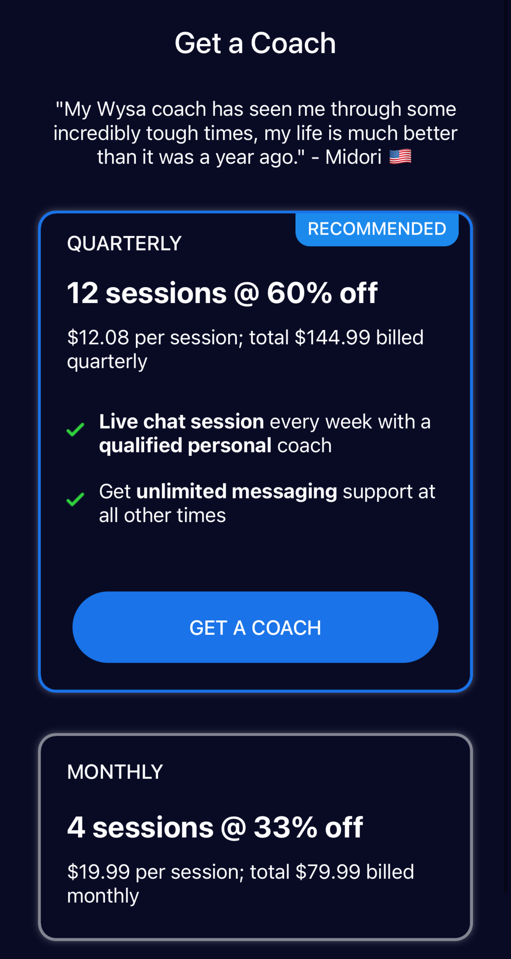 Screenshot of Wellness Coaching options and payments.