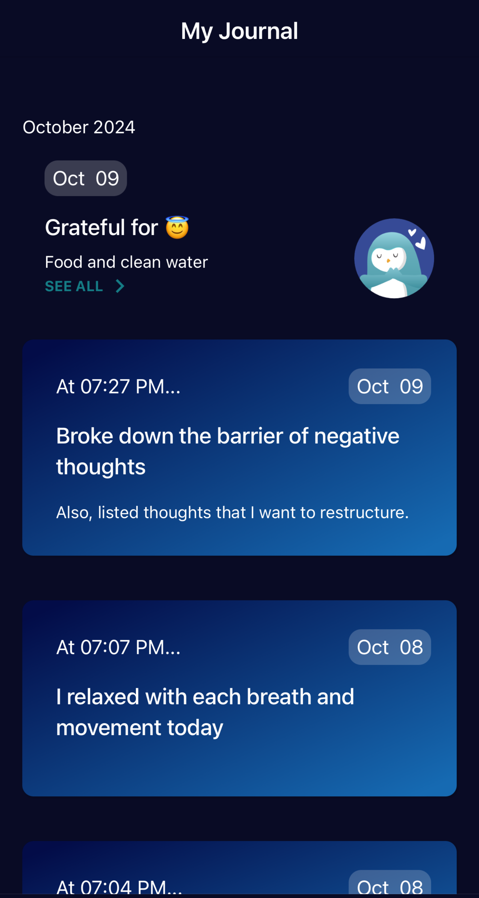 Screenshot of the journaling space in the Wysa app