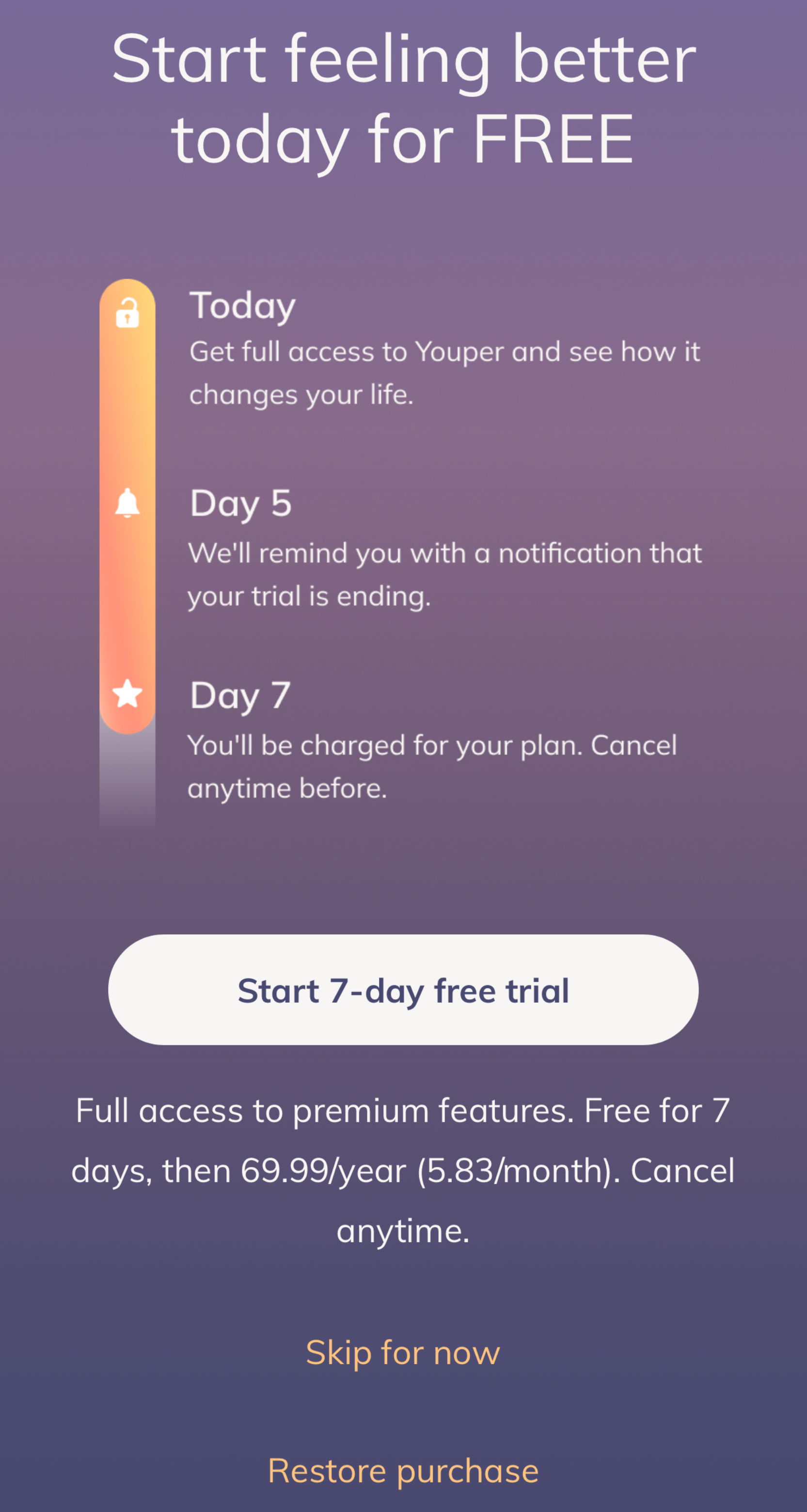 Screenshot of 7 day free trial with annual plan of $69.99 thereafter.