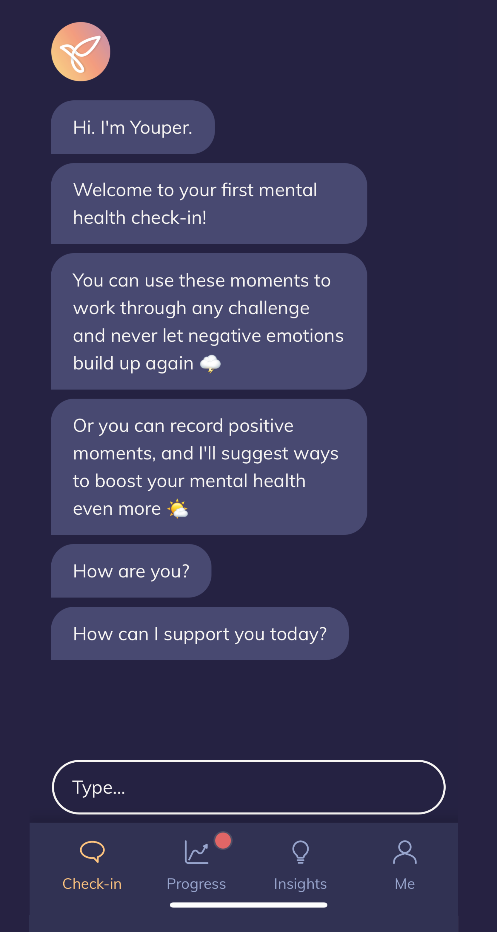 Screenshot Youpers AI therapist chatbot welcoming you.