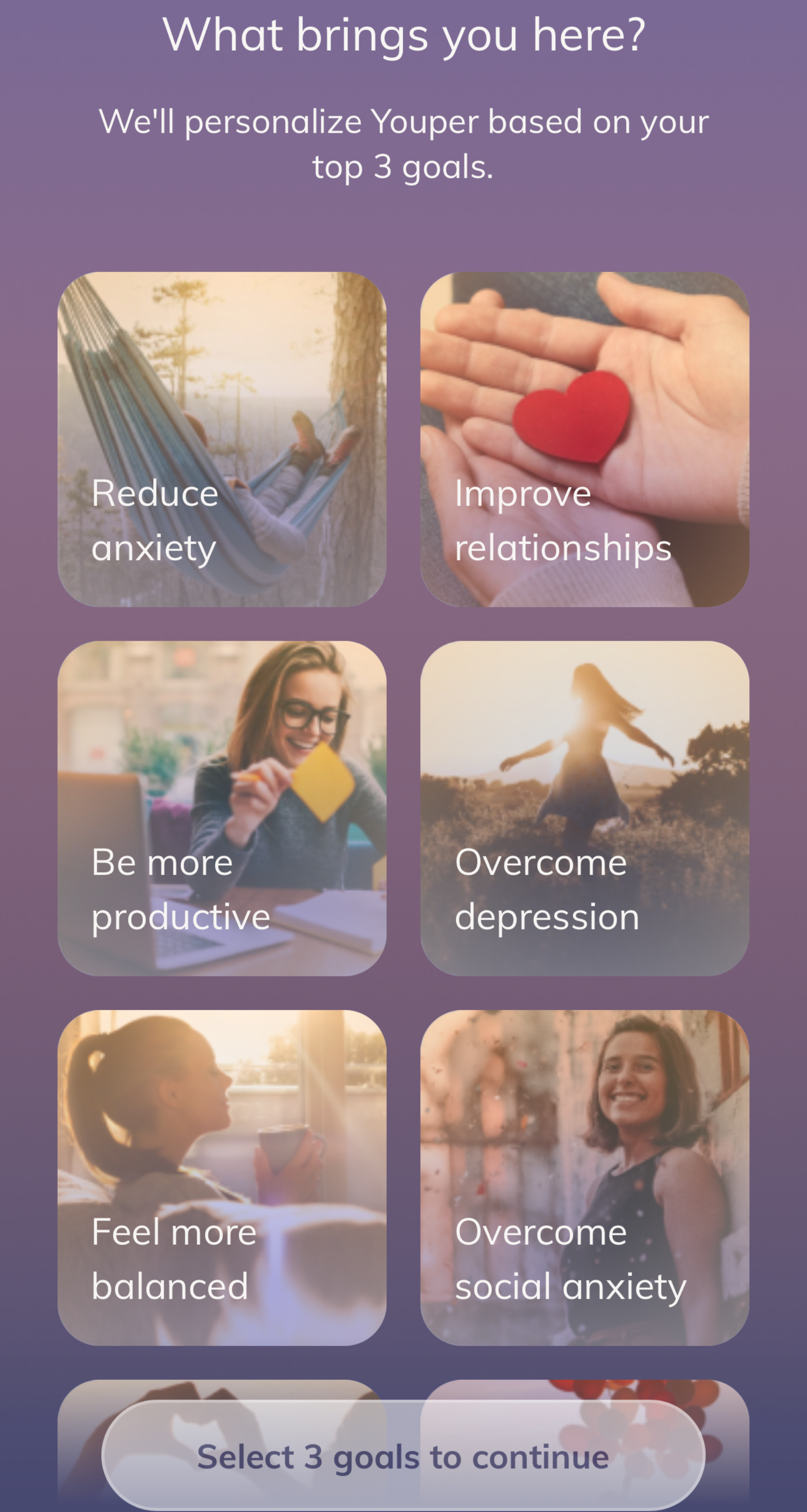 Screenshot of goal setting at sign-up in Youper.