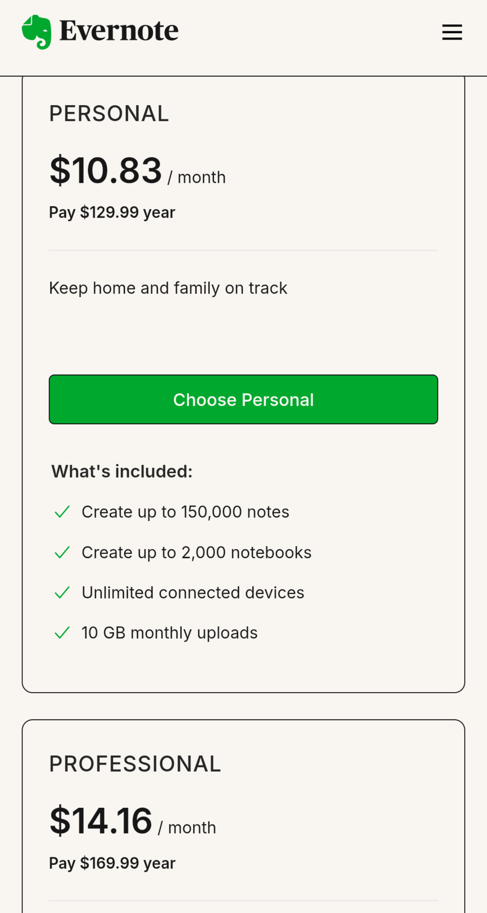 Image Evernote Personal Plan Prices