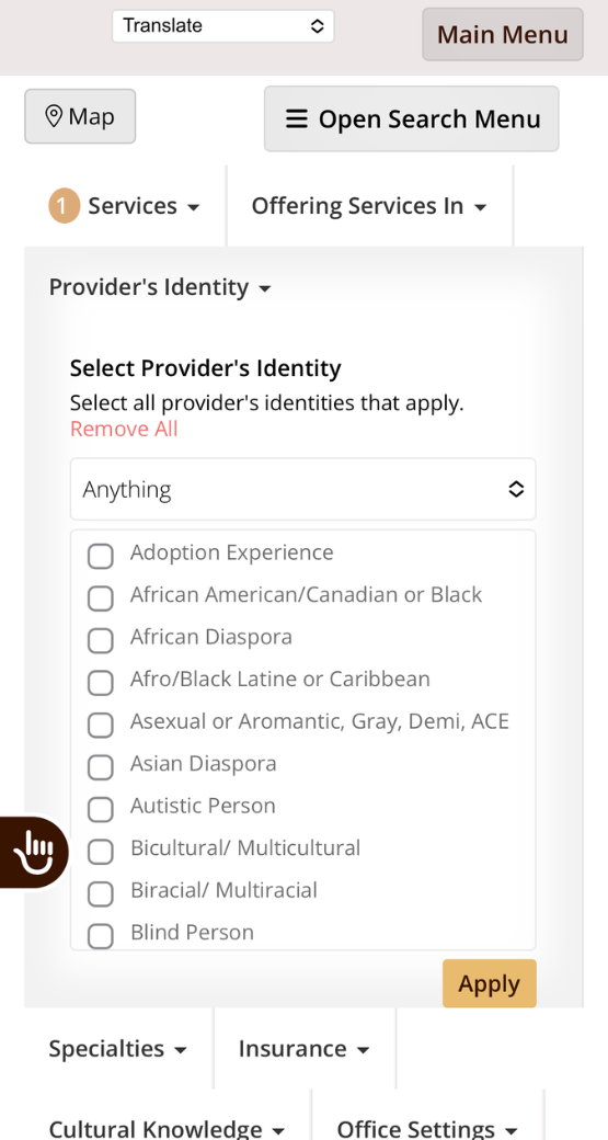 Inclusive Therapists provider identity menu