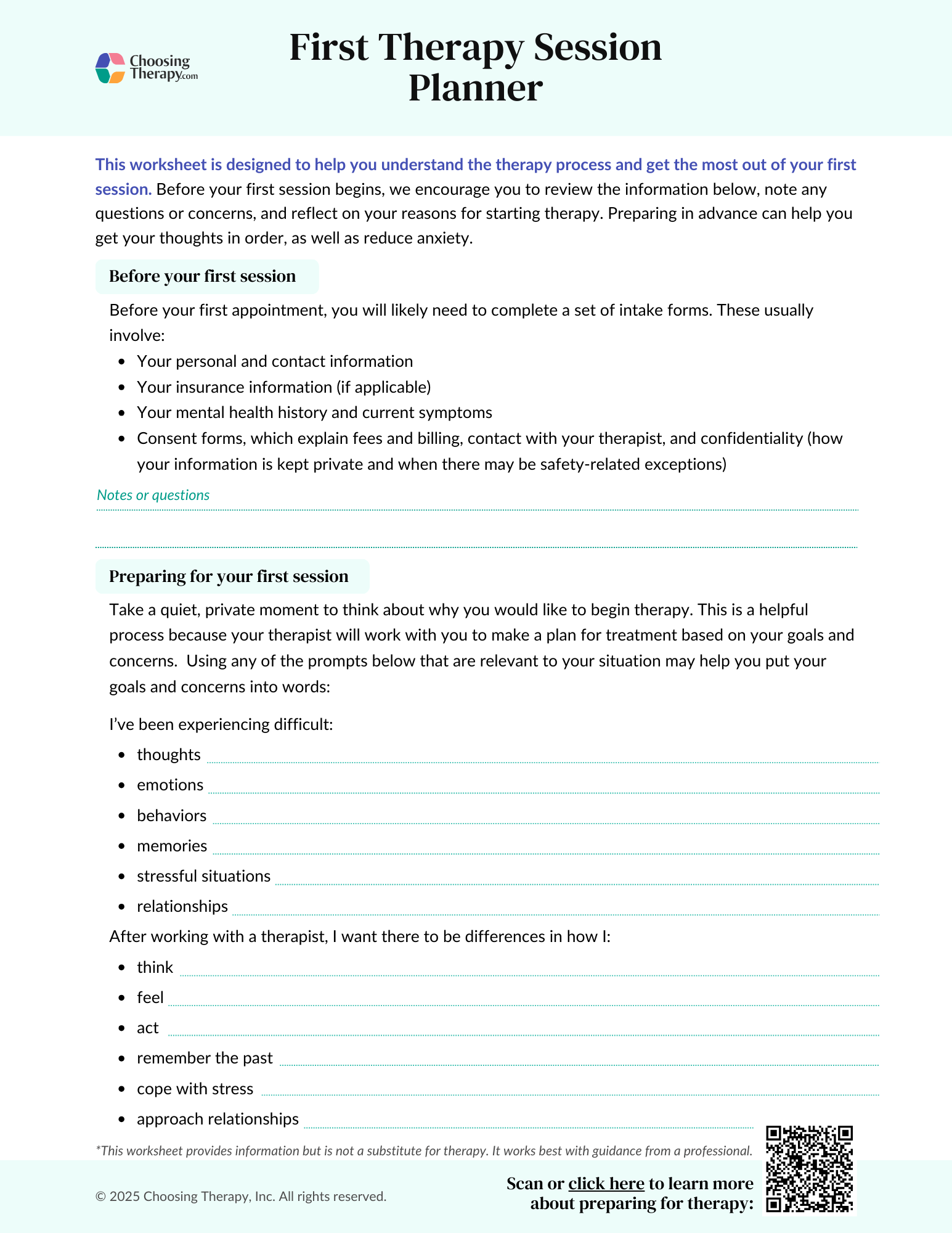 First Therapy Session Planner Worksheet