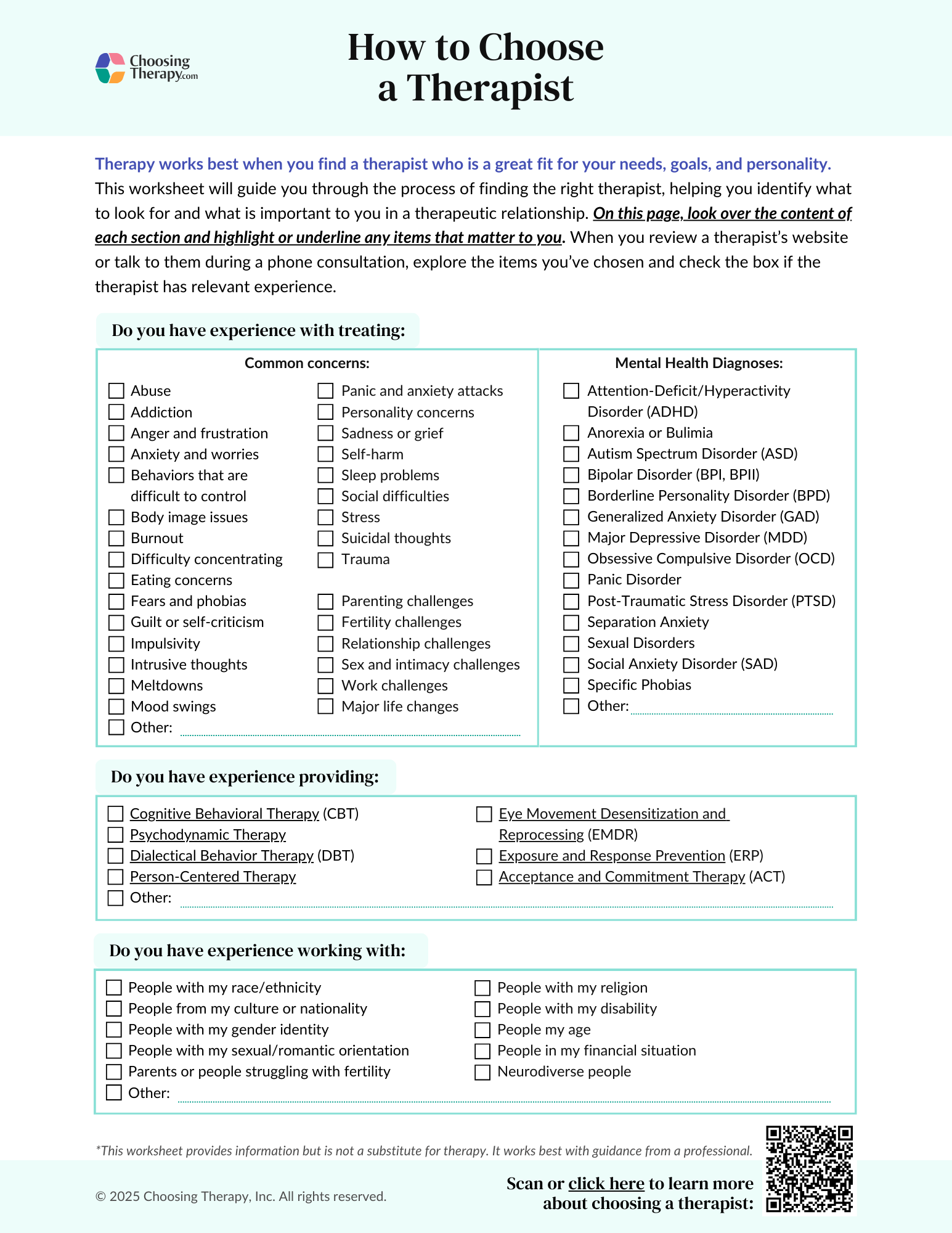 How to Choose a Therapist Worksheet