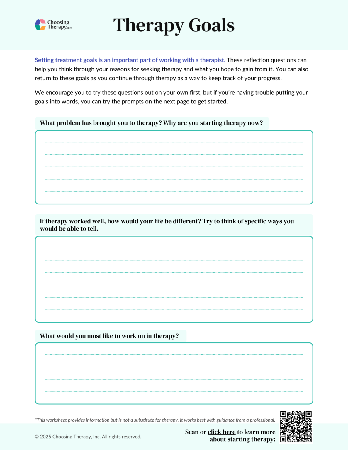 Free Therapy Goals Worksheet Printable Pdf Choosingtherapy