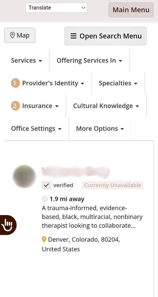 Mobile View of Inclusive Therapists Search