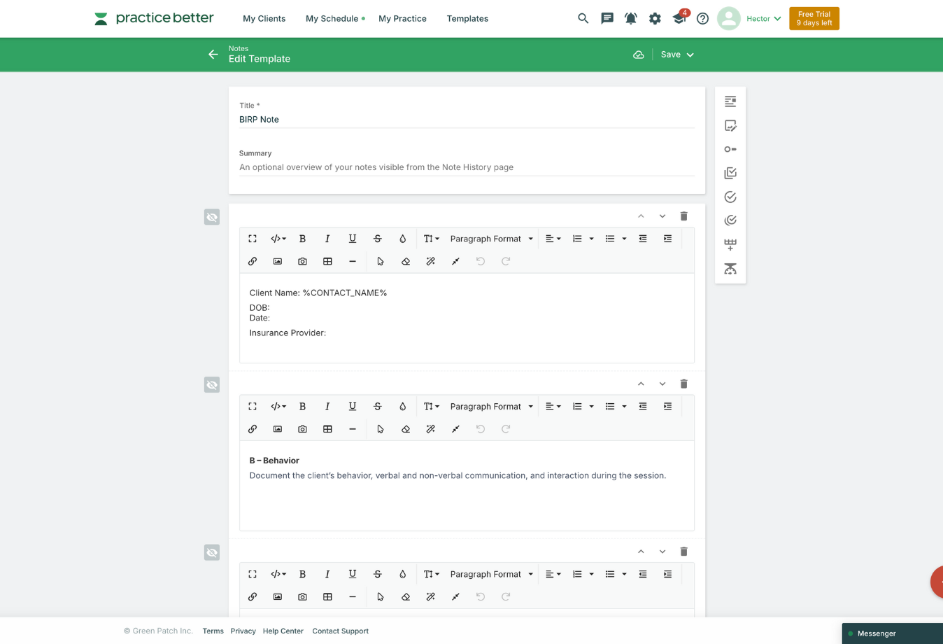 Image of Practice Better note template editor