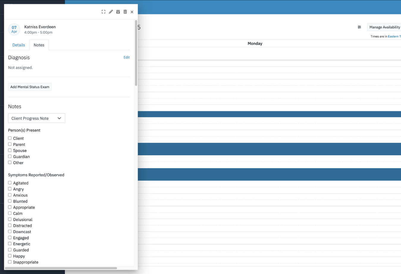 Image of Sessions Health progress note completion from calendar