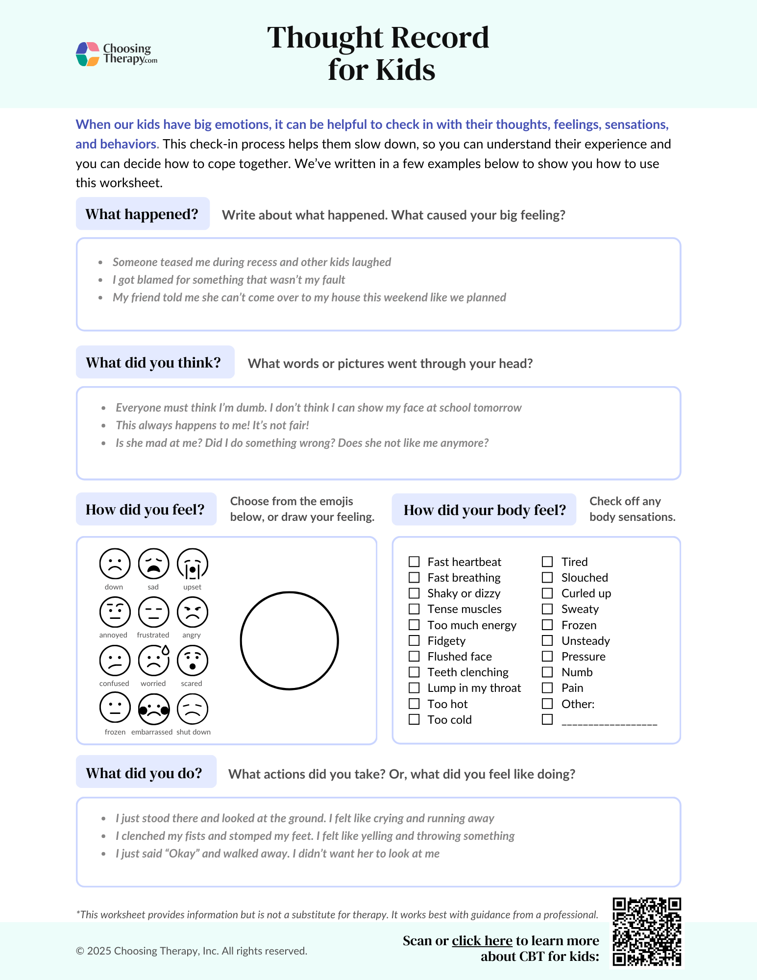 Thought Record for Kids Worksheet