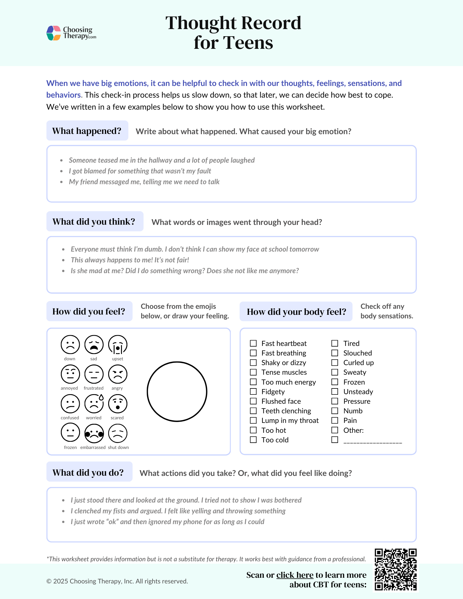 Thought Record for Teens Worksheet