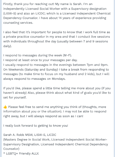 Initial message with text-based therapist on 7 Cups