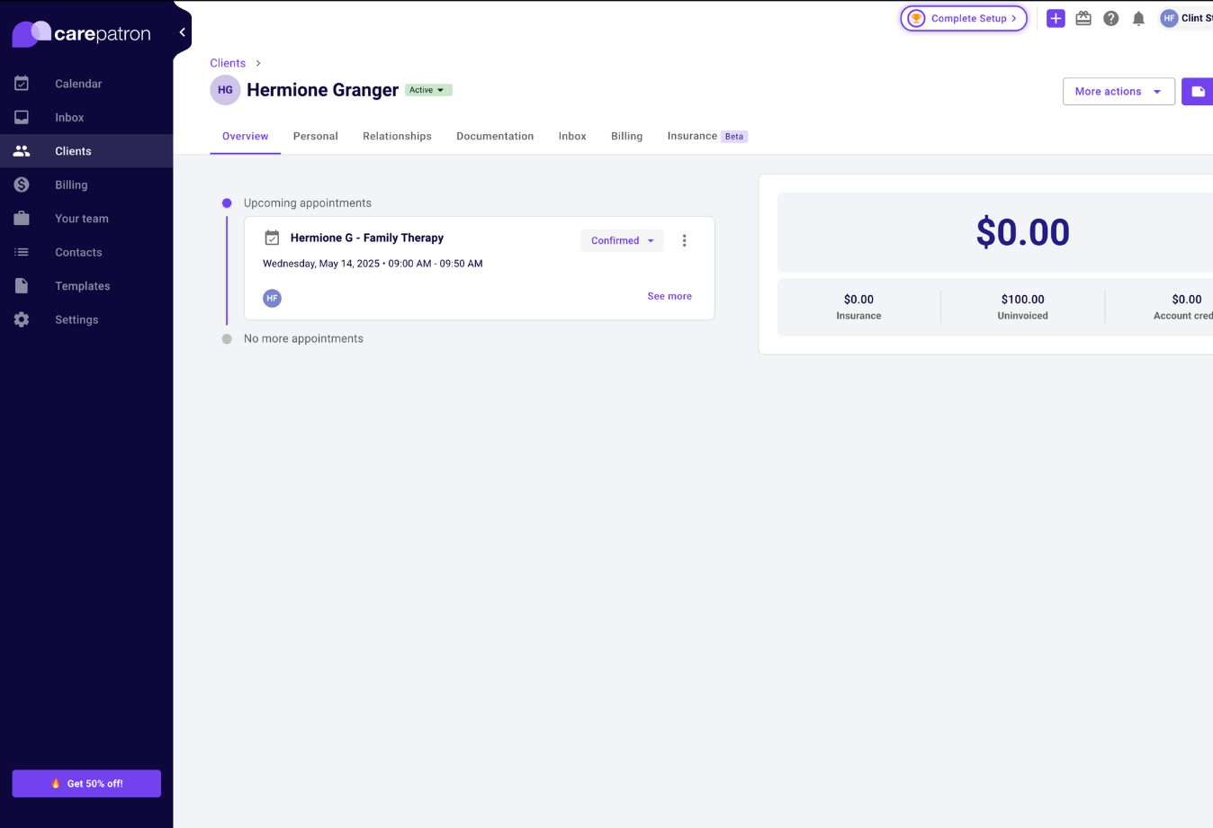 Image of Carepatron client face sheet