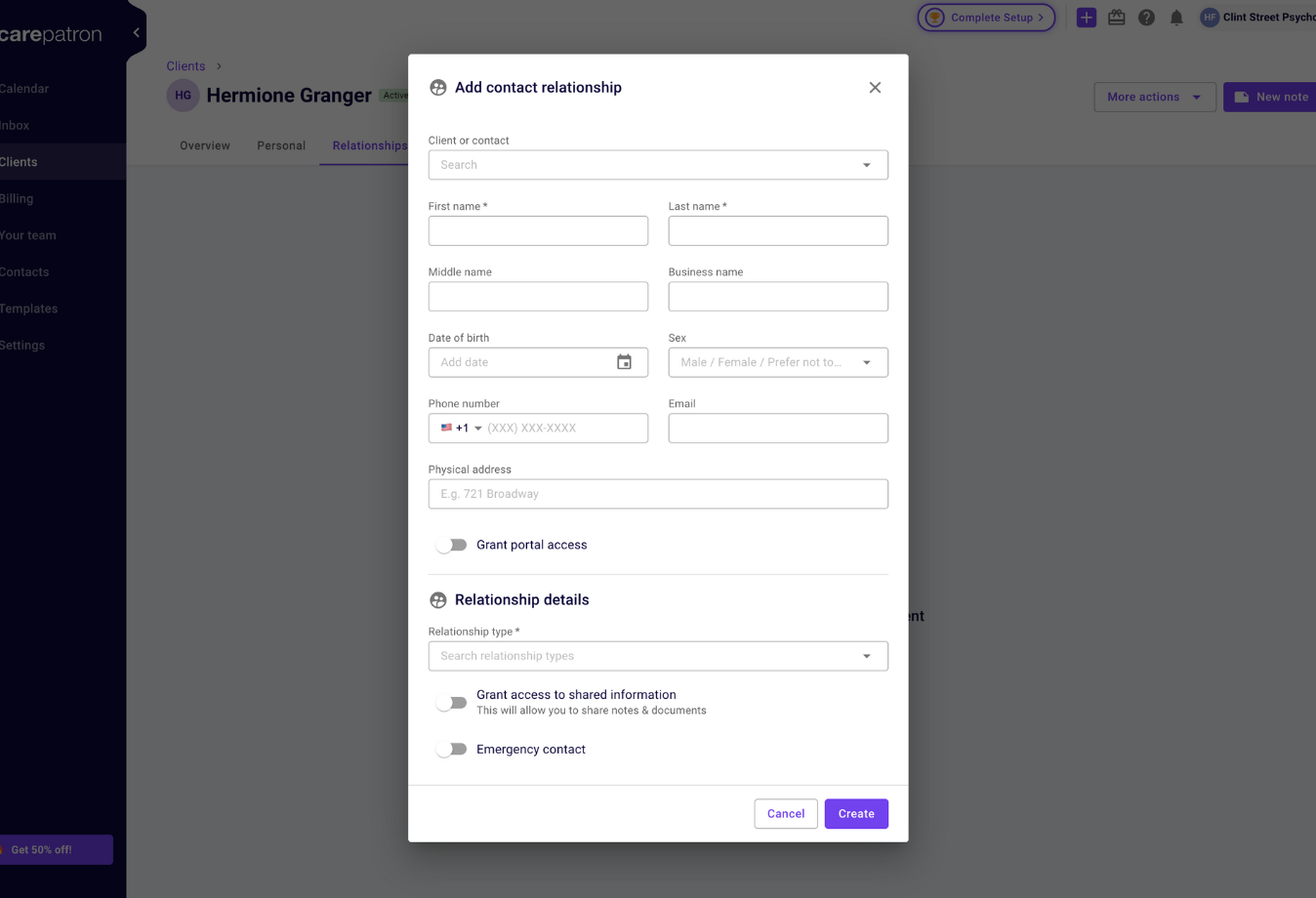 Image of Carepatron adding a relationship