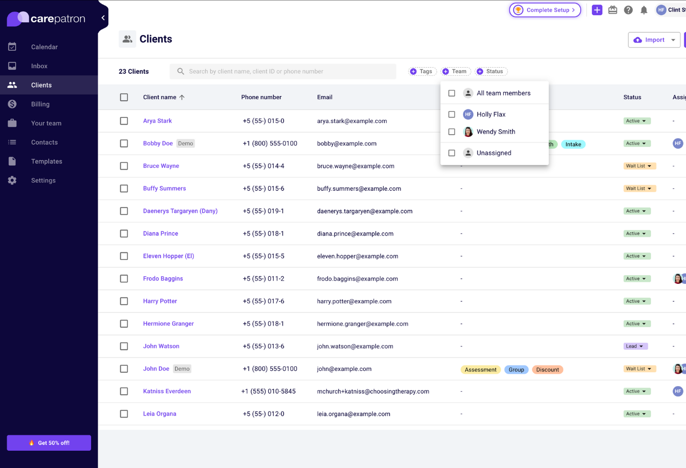 Image of Carepatron client list