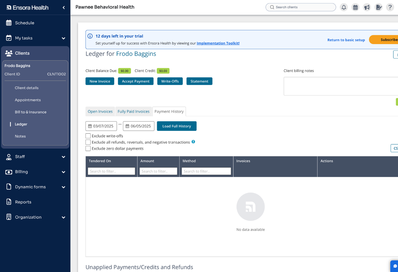 Image of Ensora Health client ledger