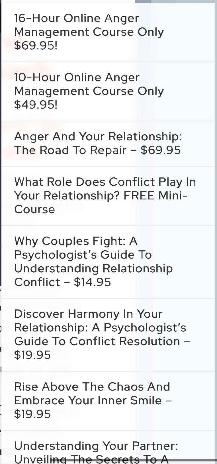 List of Anger Coach course offerings.