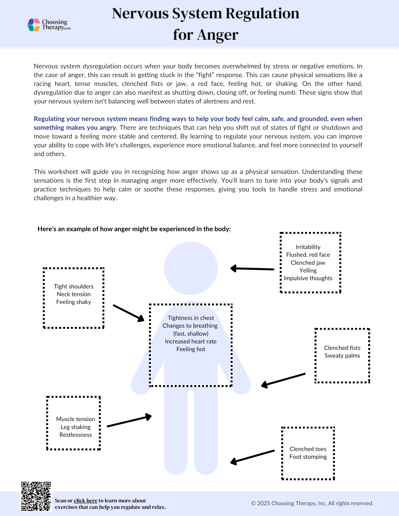 Nervous System Regulation Worksheet for Anger