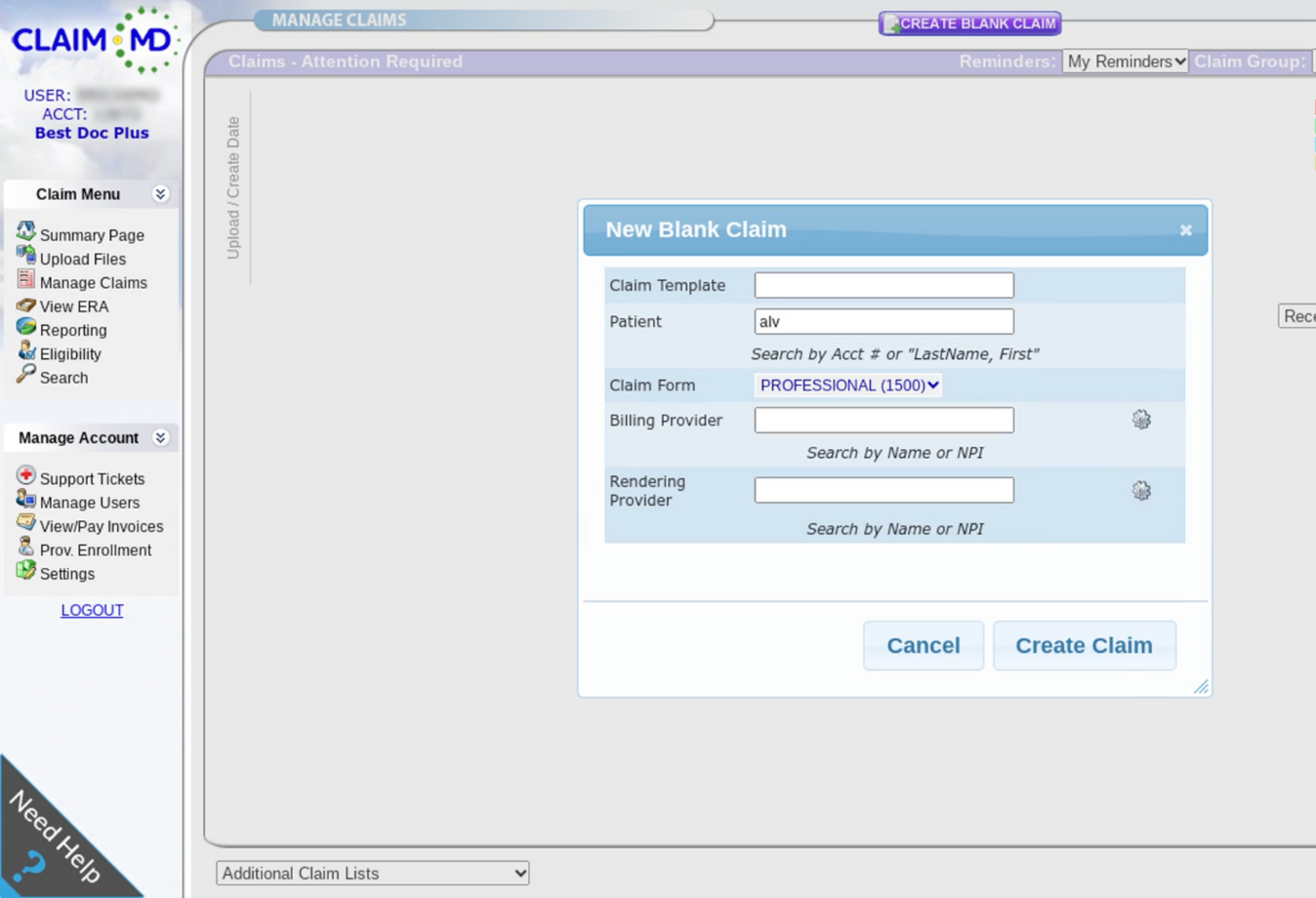 Image of Claim.MD adding a blank claim