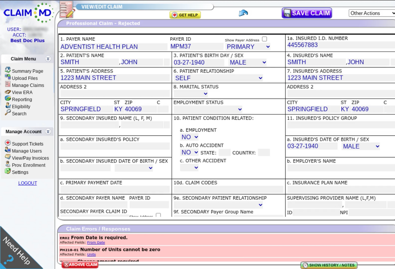 Image of Claim.MD filled claim