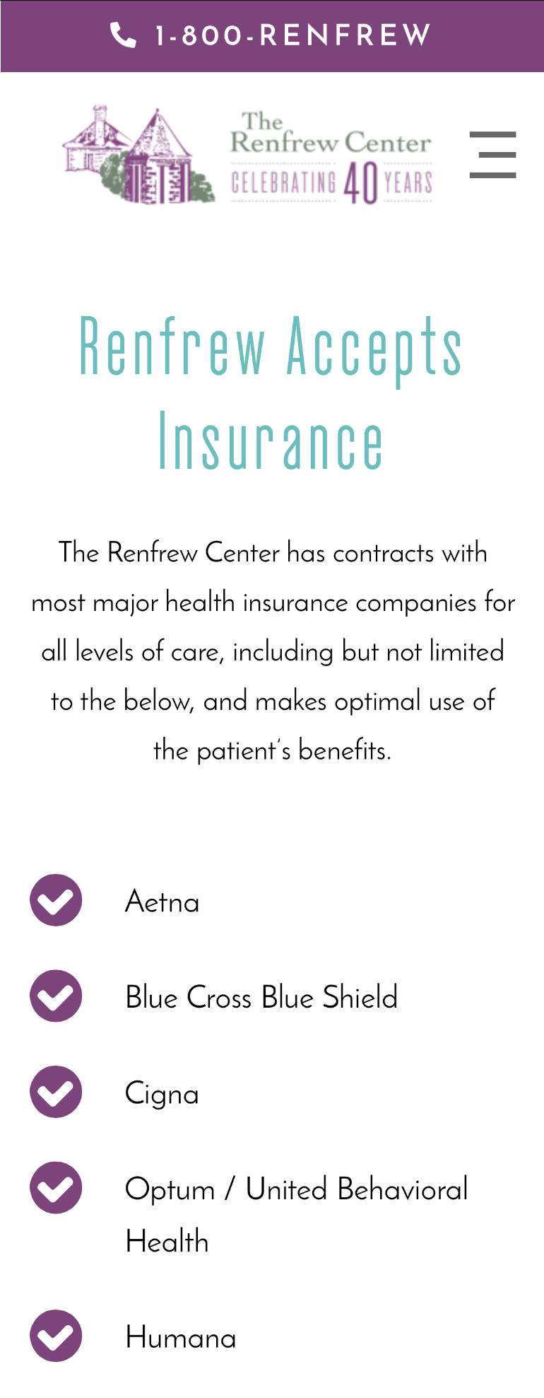 Renfrew Center insurance coverage