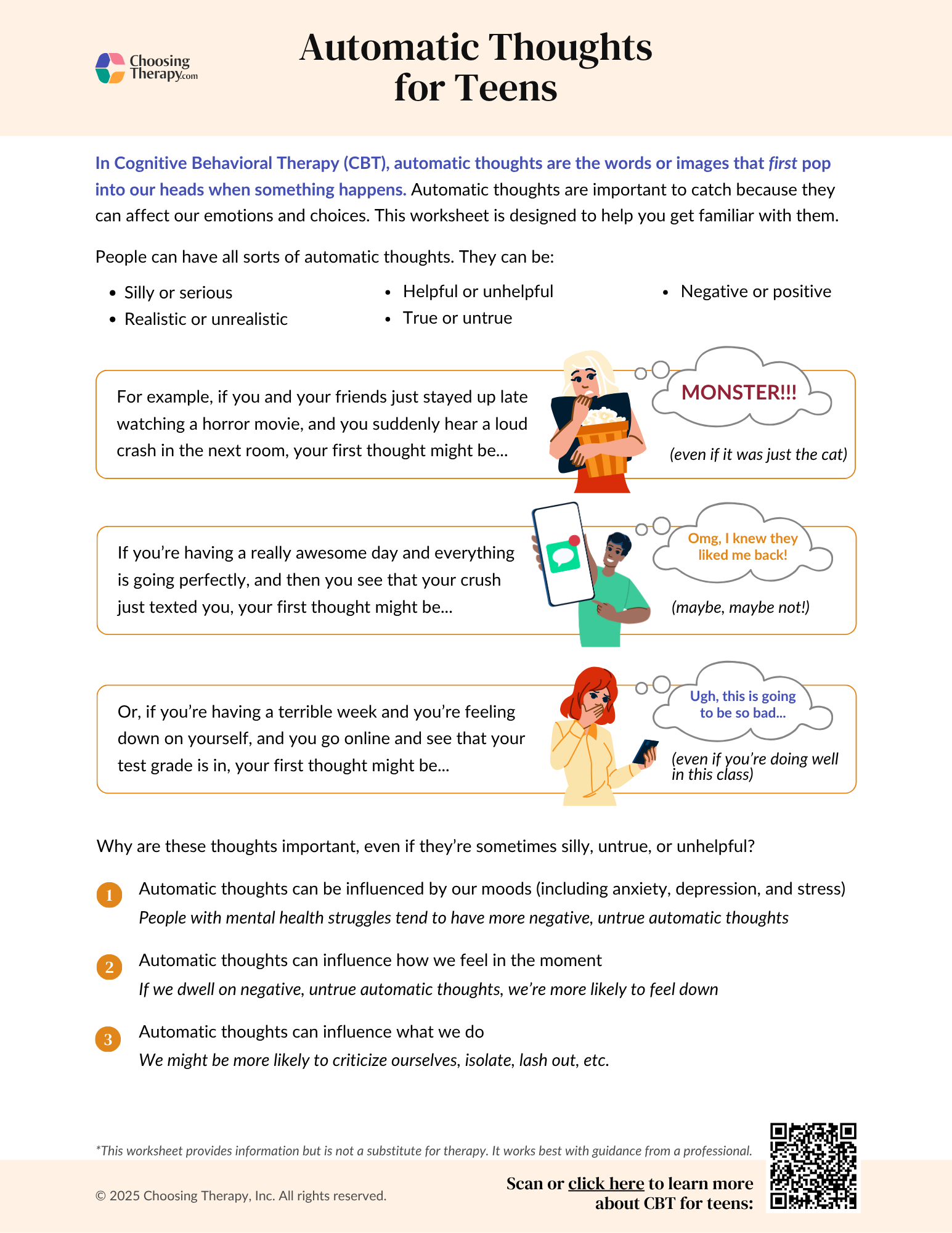 Automatic Thoughts for Teens Worksheet