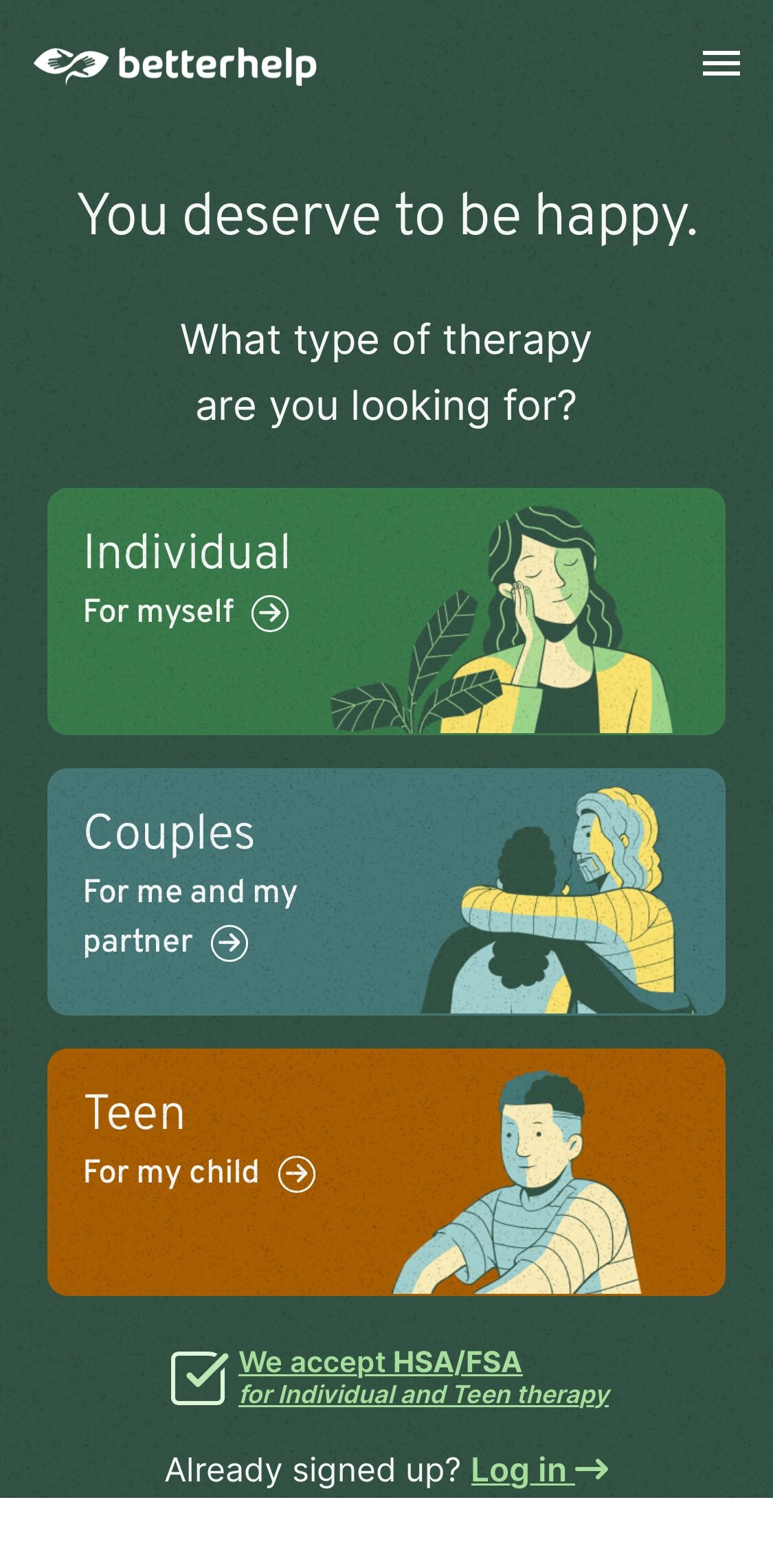 BetterHelp Signup Page Therapy Options